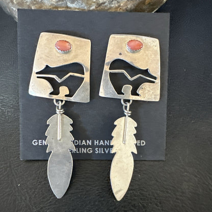 Old Pawn Pink Coral Navajo Sterling Silver Dangle Bear Feather Earrings 2” 19084