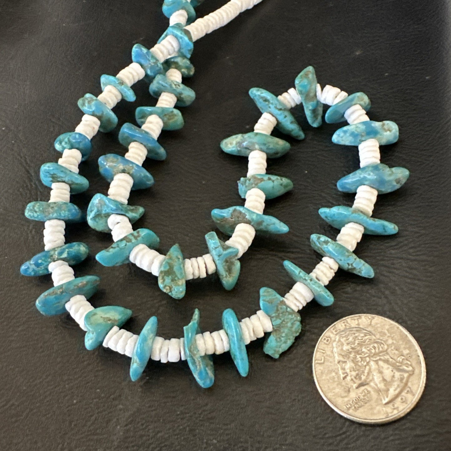 Blue Turquoise White Shell Navajo Sterling Silver Necklace 31" 19719