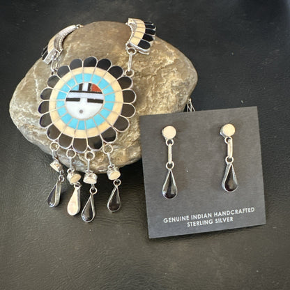 Sunface Spiny Onyx Turquoise Zuni Sterling Silver Necklace 18" Earrings 19115