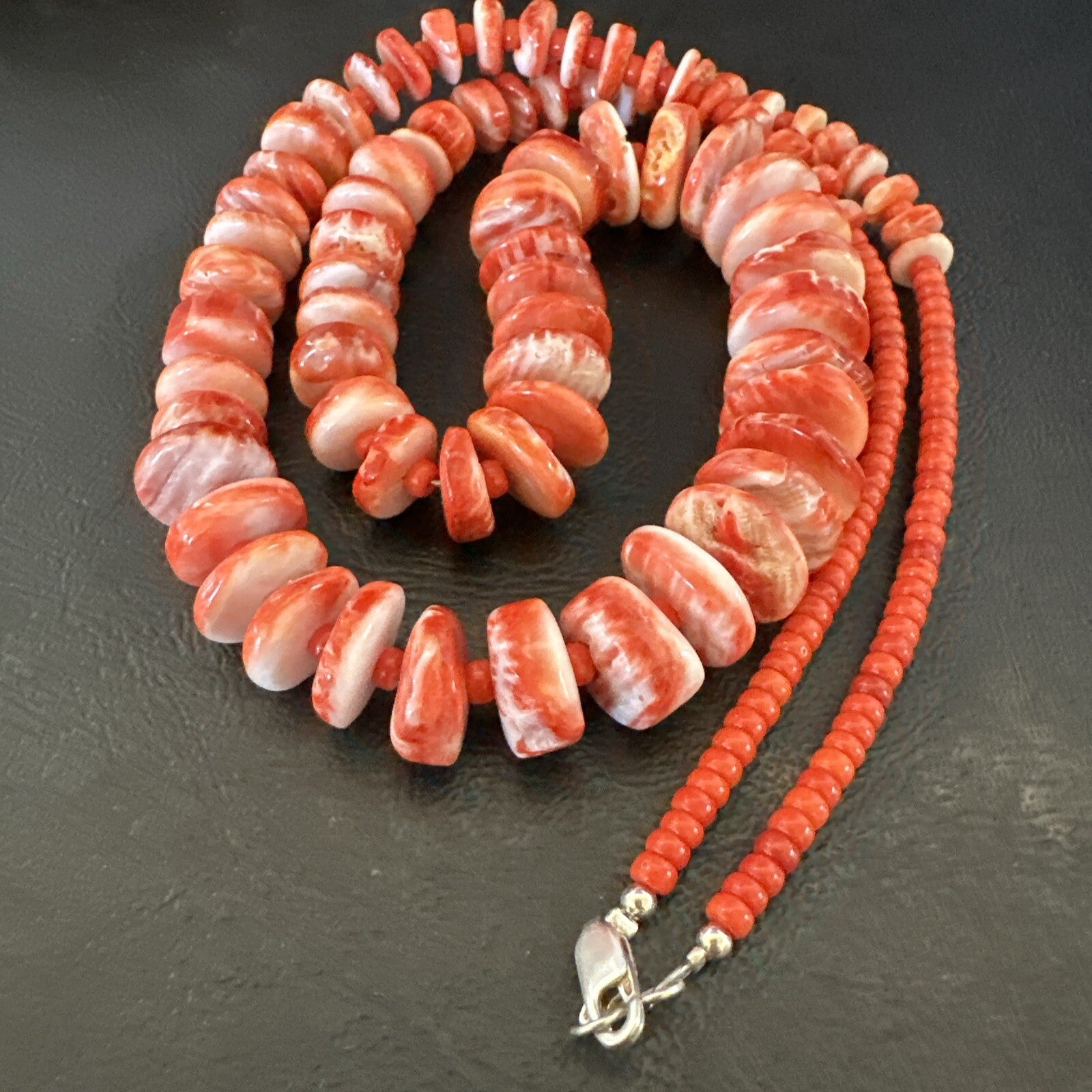 Red Spiny Oyster 28” Long Navajo Sterling Silver Necklace 17761