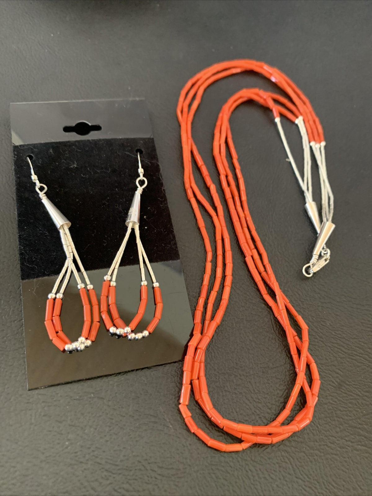 Natural Red Coral Heishi 3 Strands Sterling Silver Earrings & Necklace 20" 01218