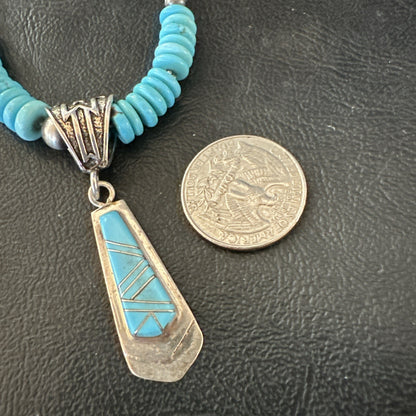 Blue Turquoise Inlay Pendant Navajo Sterling Silver Necklace 20" 19677