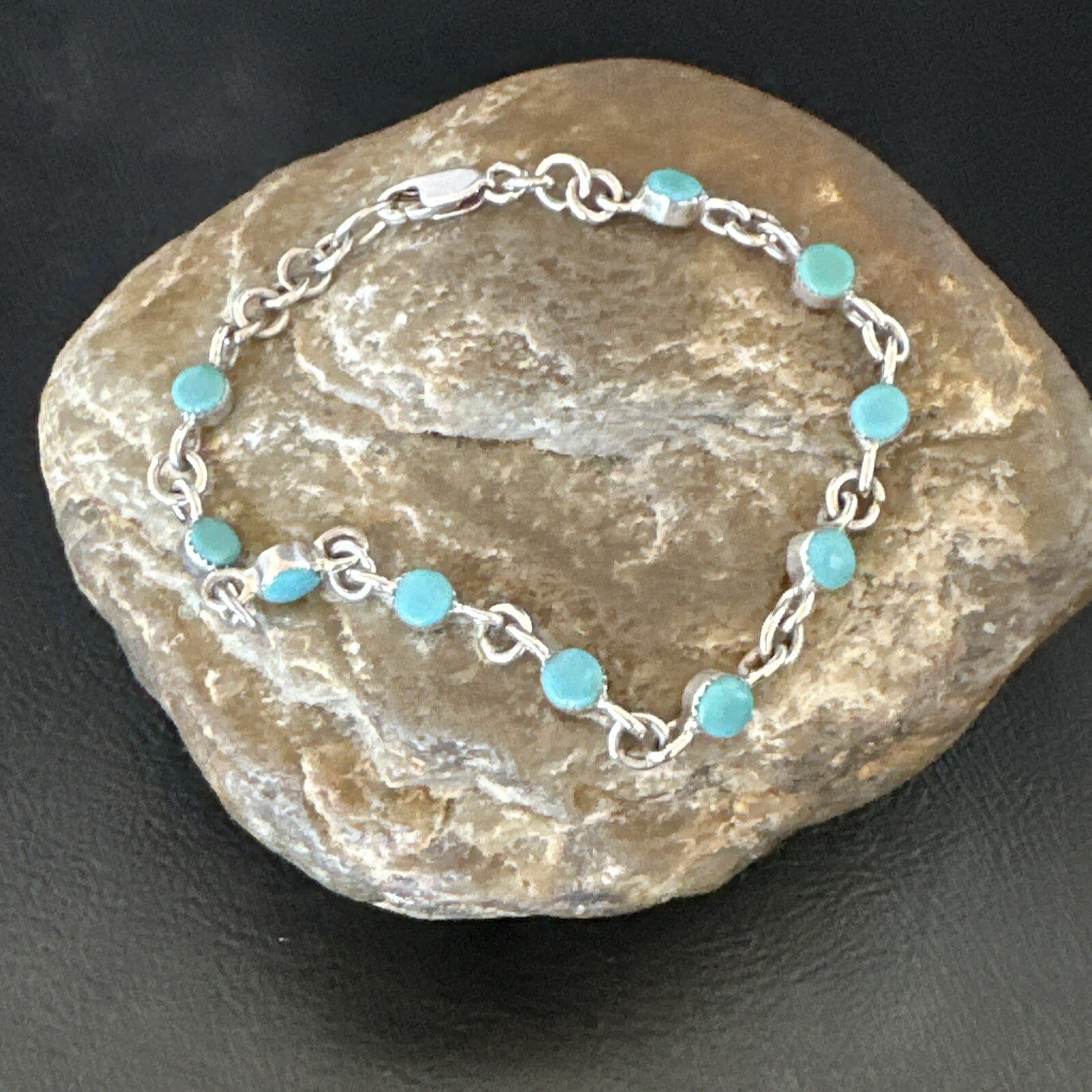 Blue Turquoise Navajo Old Pawn Sterling Silver Link Bracelet 7.5" 18129