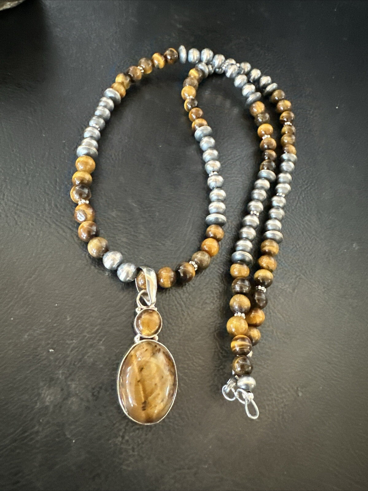 Coffee Brown Tigers Eye Sterling Silver Pendant Necklace Southwestern 18279