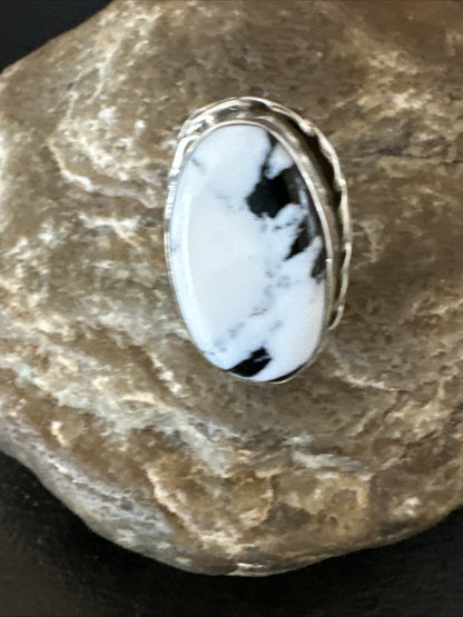 White Buffalo Turquoise Navajo Sterling Silver Ring Size 8 19800