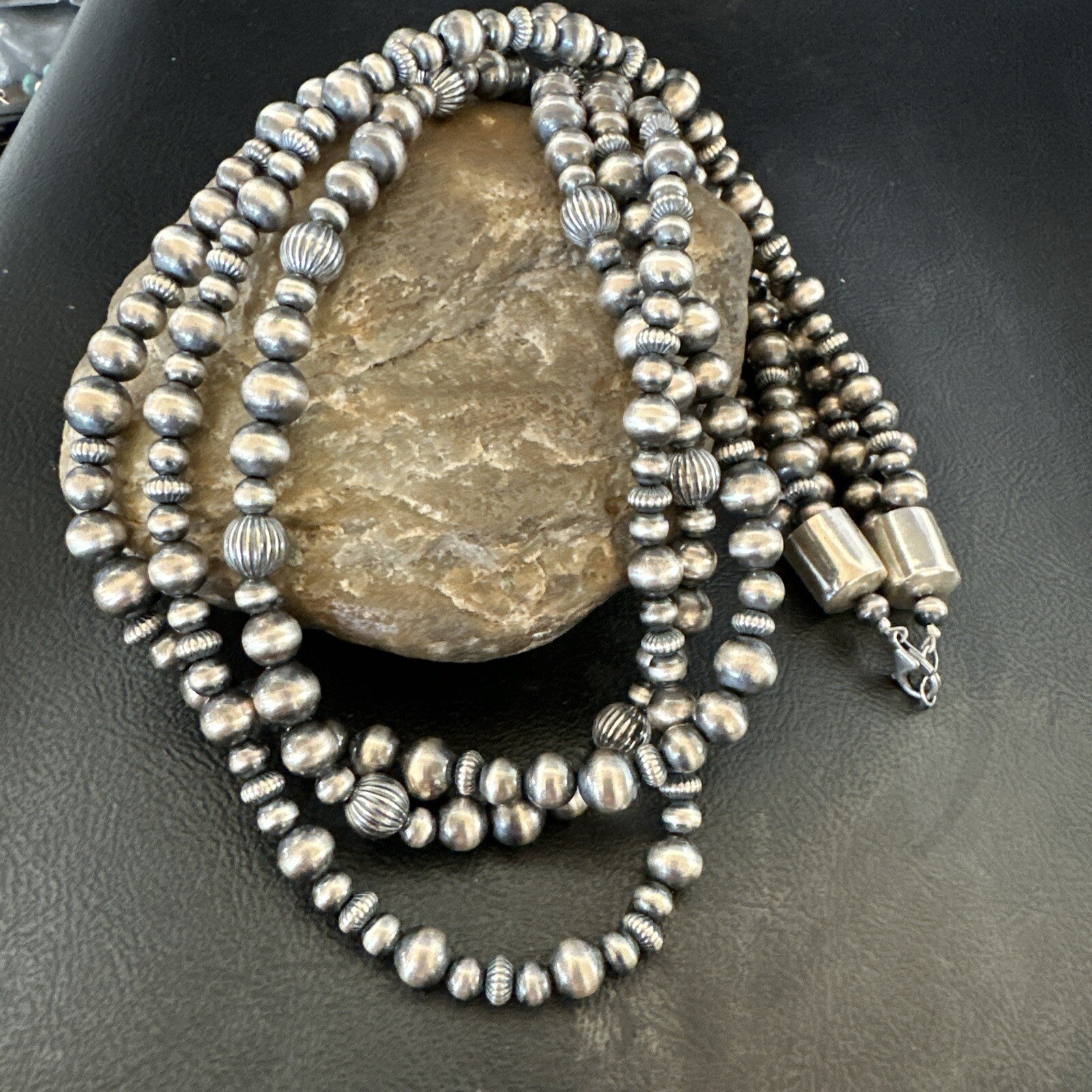 Mixed Bead Sterling Silver Navajo Pearls Necklace 22” 3 Strand 94422