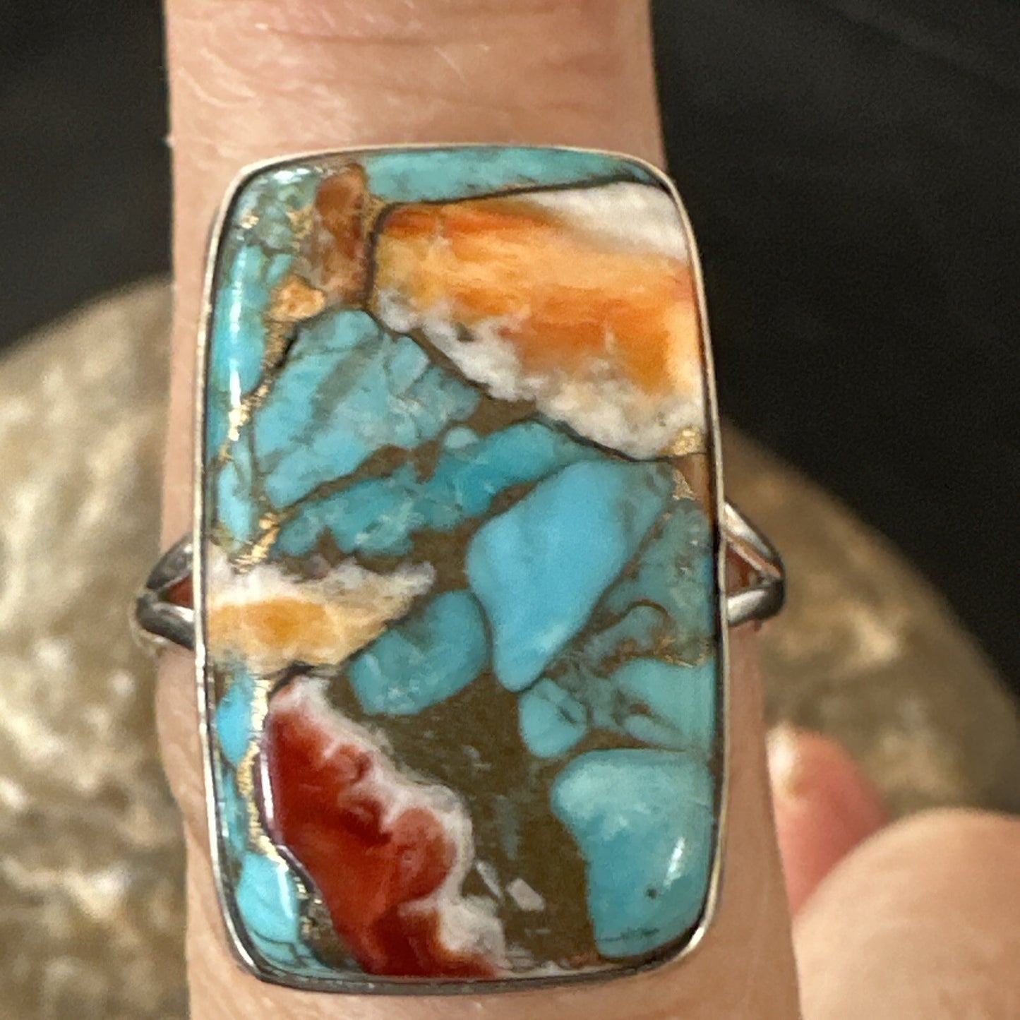 Blue Turquoise Spiny Oyster Southwestern Sterling Silver Ring Size 9 18467