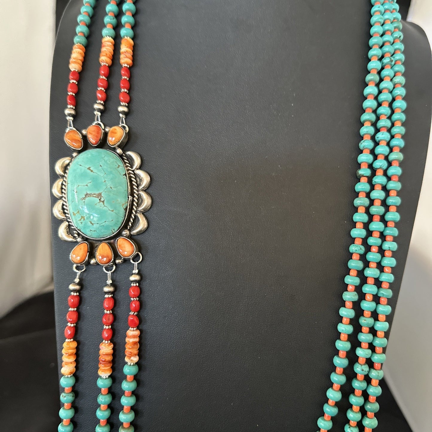 XL Statement Green Turquoise Spiny Navajo 3S Sterling Silver Necklace 34” 19676