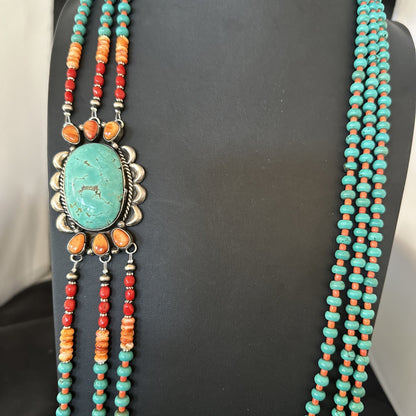 XL Statement Green Turquoise Spiny Navajo 3S Sterling Silver Necklace 34” 19676