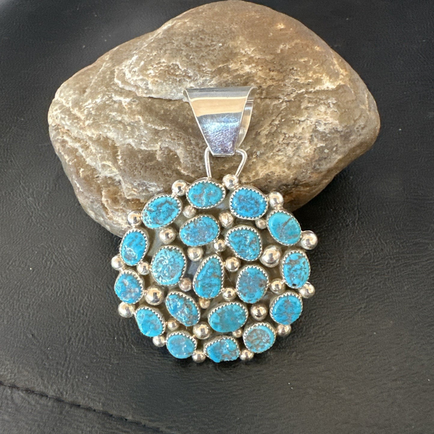 Cluster Kingman Turquoise Navajo Sterling Silver Necklace Pendant 2.75” 19087