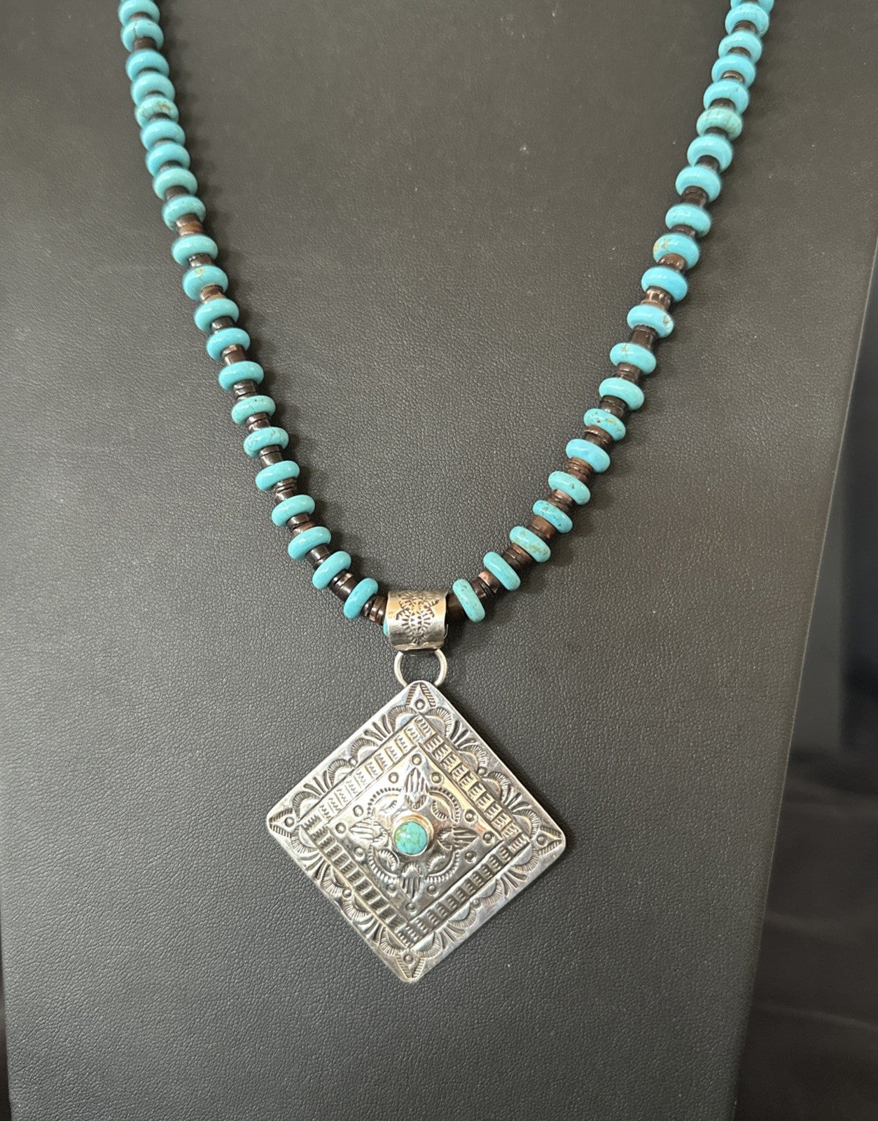 Navajo Blue Turquoise Stamped Pendant Shell Sterling Silver 25” Necklace 19708