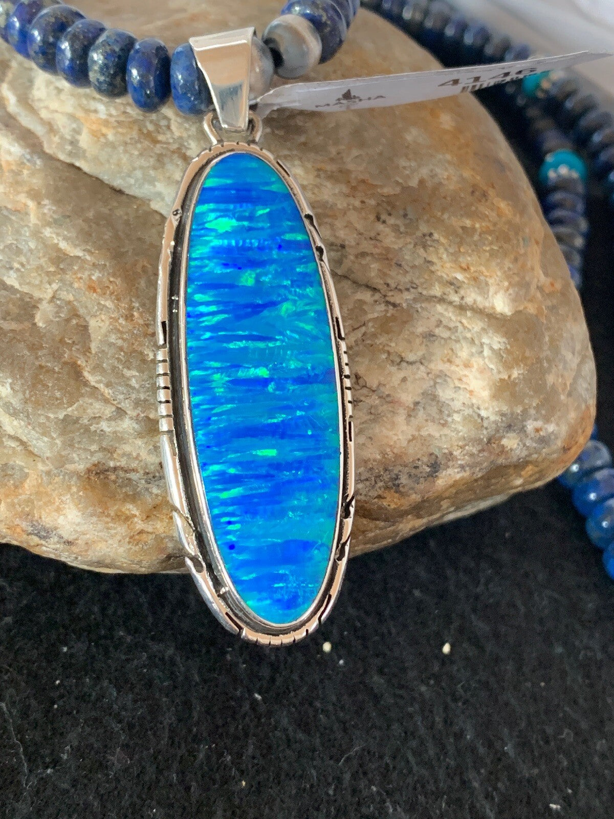Opal Pendant Blue Lapis Turquoise Navajo Pearls Sterling Necklace 04146