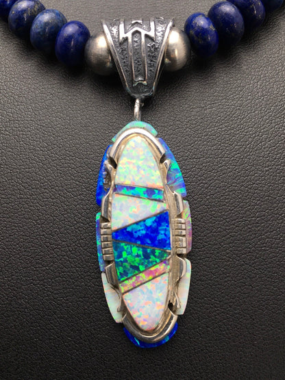 Opal Pendant Lapis Navajo Sterling Silver Necklace 02606