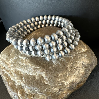 Sterling Silver Navajo Pearls 6mm Beads Stainless Steel Wire Wrap Bracelet 19021