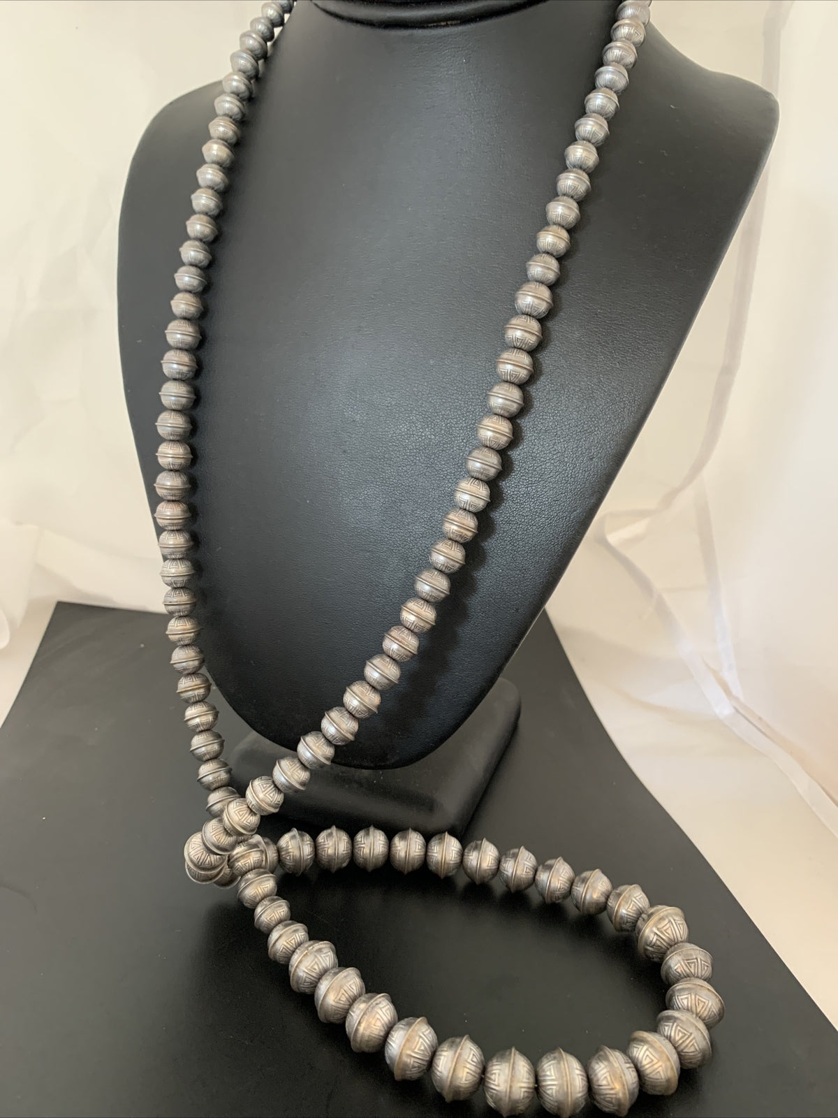 Hand Stamped Bench Navajo Pearls Graduated Sterling Silver Bead Necklace 36”