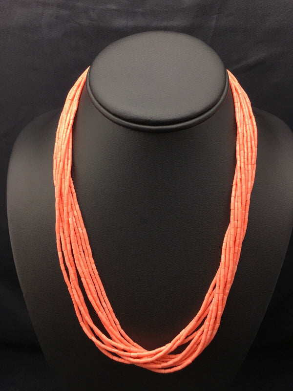 Pink Coral Navajo Necklace 10 Strand | Sterling Silver | Authentic Native American Handmade | 4388