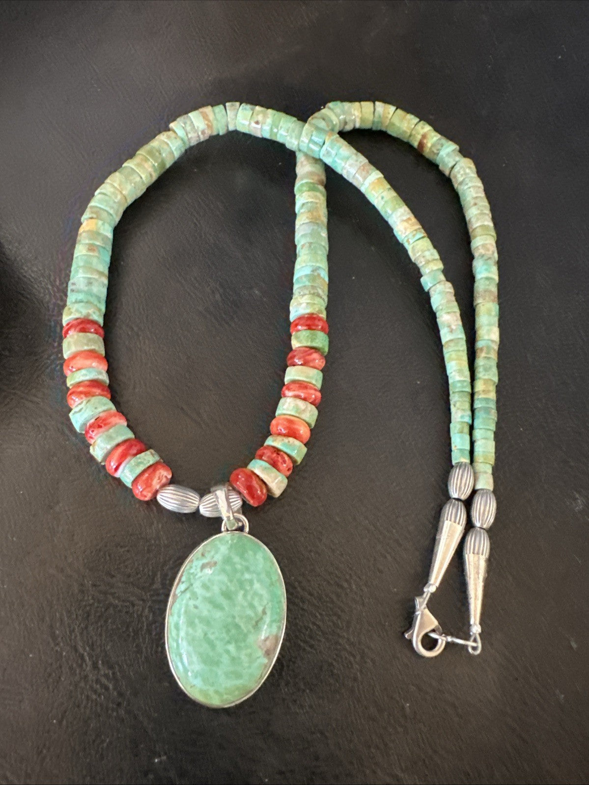 Green Turquoise Pendant Spiny Navajo Sterling Silver Heishi Necklace 21" 19204