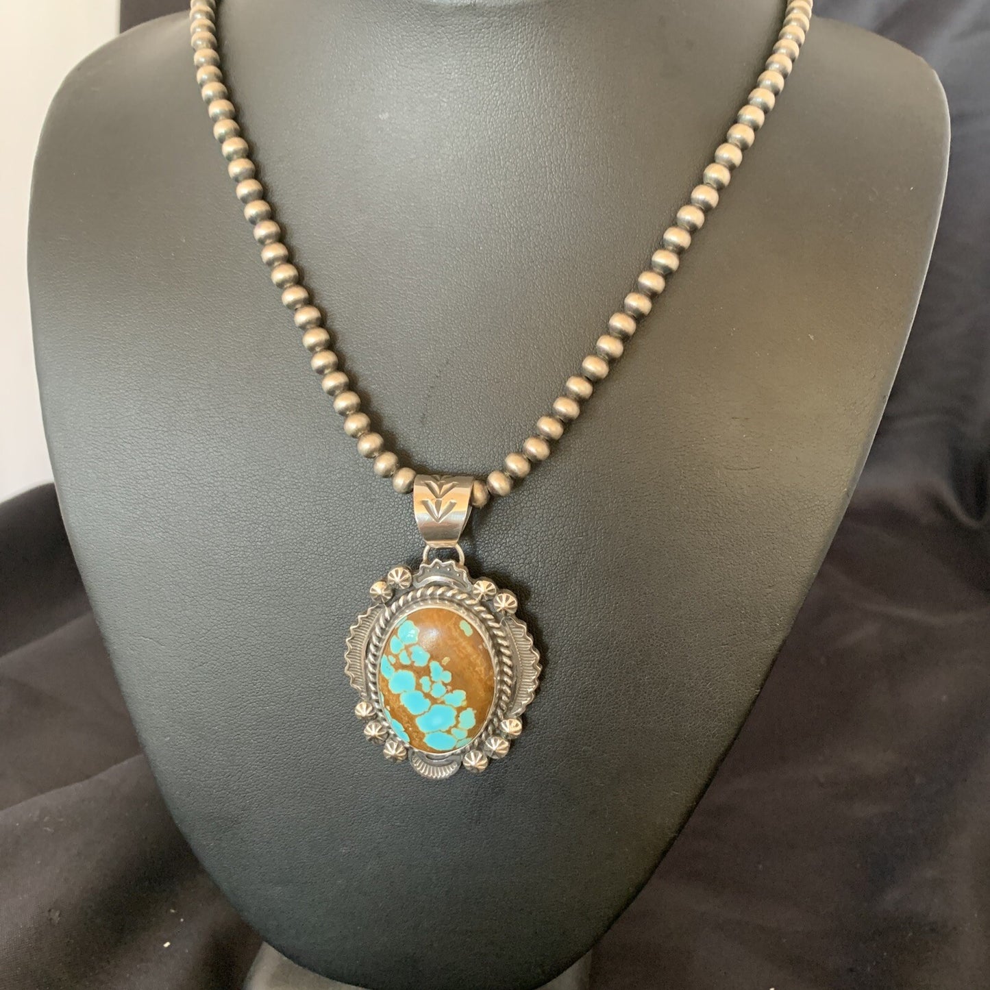 Mens Blue Turquoise #8 Pendant Navajo Pearls Sterling Silver Necklace 10866