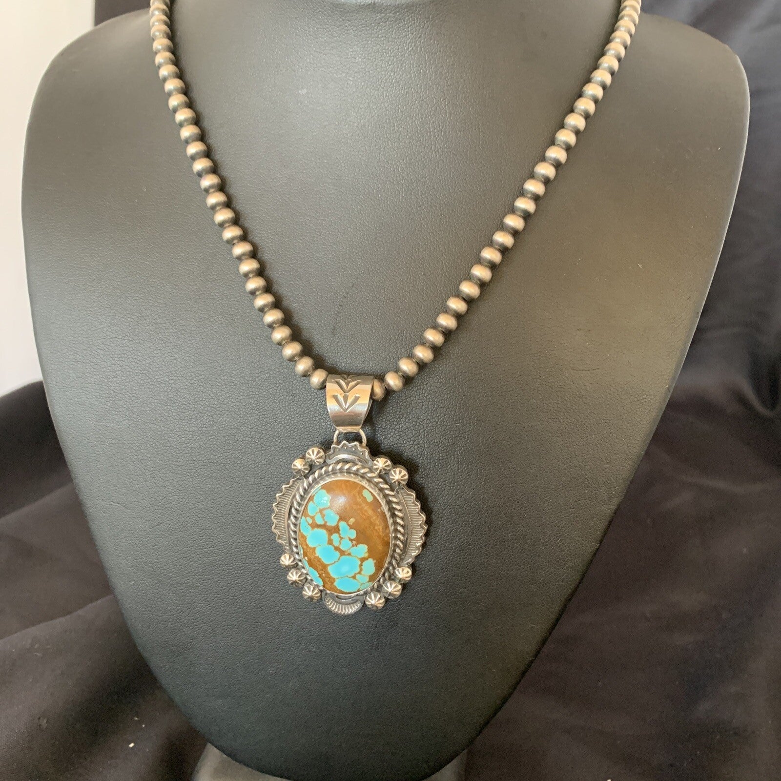 Mens Blue Turquoise #8 Pendant Navajo Pearls Sterling Silver Necklace 10866