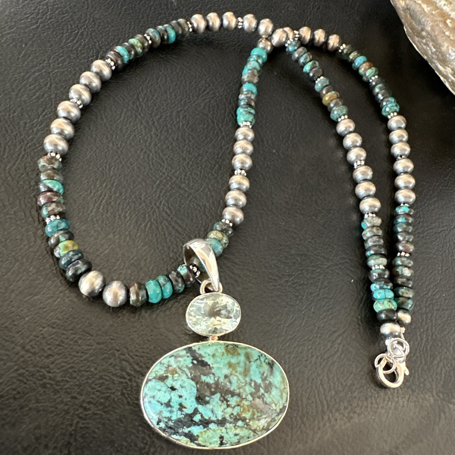 Mens Blue Spiderweb Turquoise Pendant Navajo Sterling Silver Necklace 18063