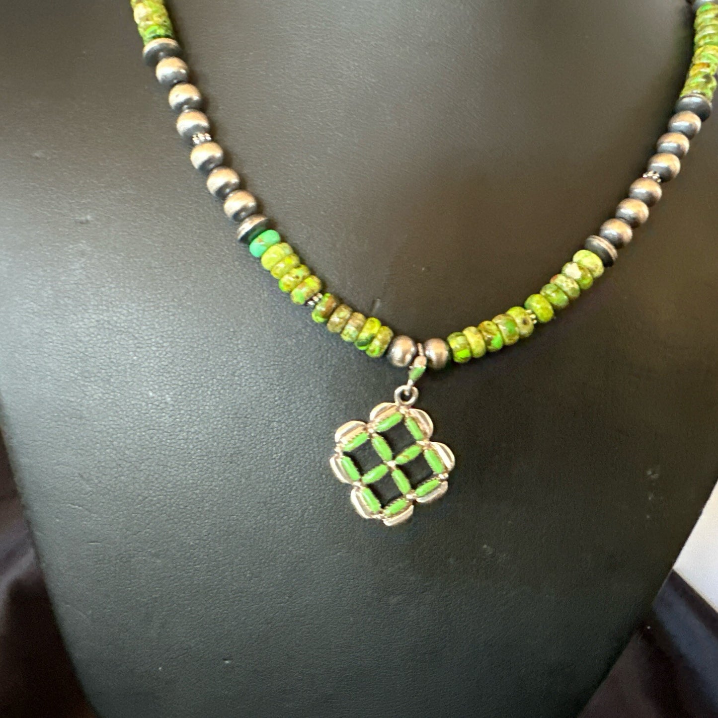 Womens Green Gaspeite Turquoise Pendant Navajo Sterling Silver Necklace 18370