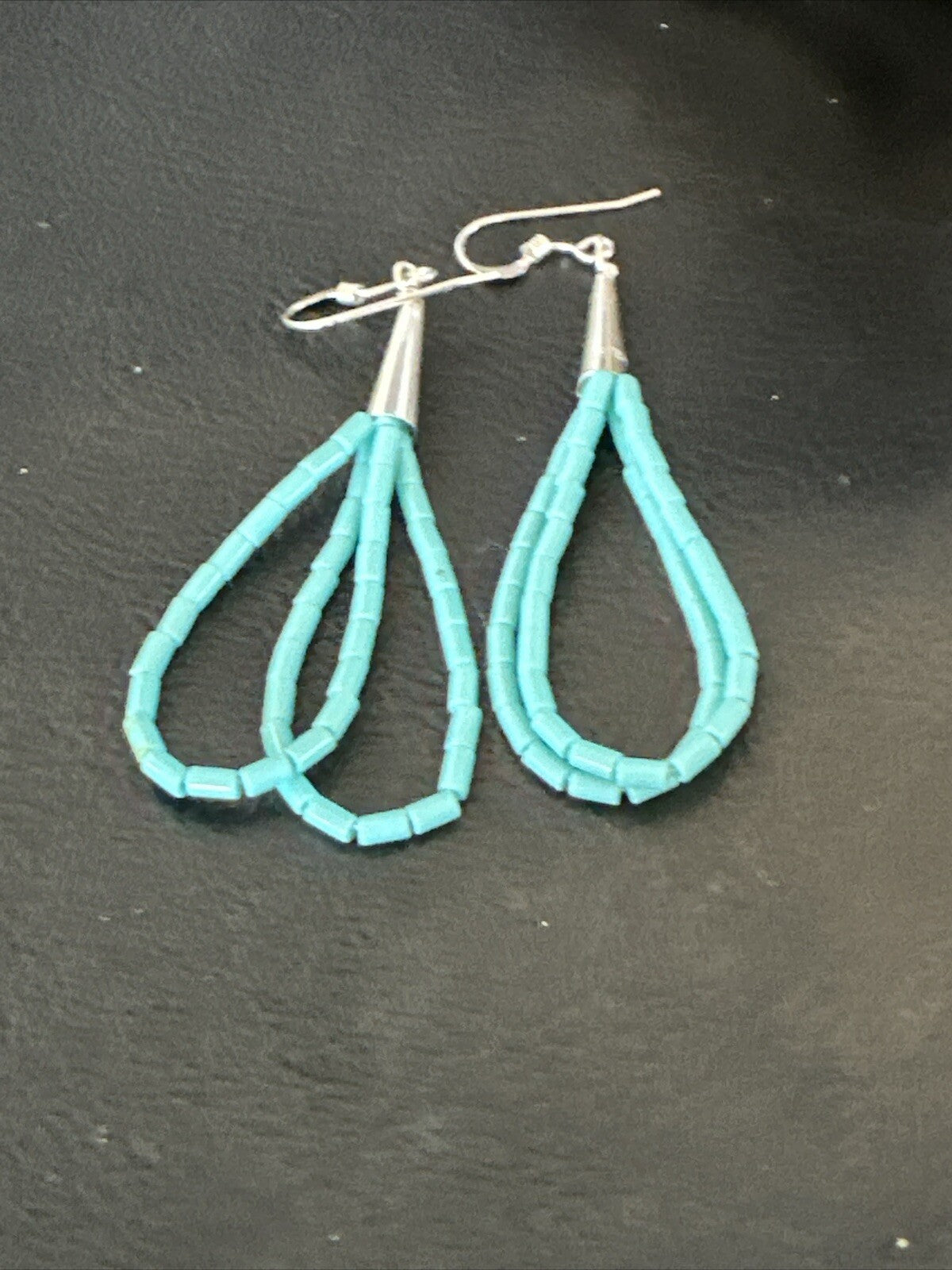 Heishi Dangle Blue Turquoise Sterling Earrings 2” 17955