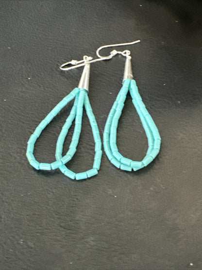 Heishi Dangle Blue Turquoise Sterling Earrings 2” 17955