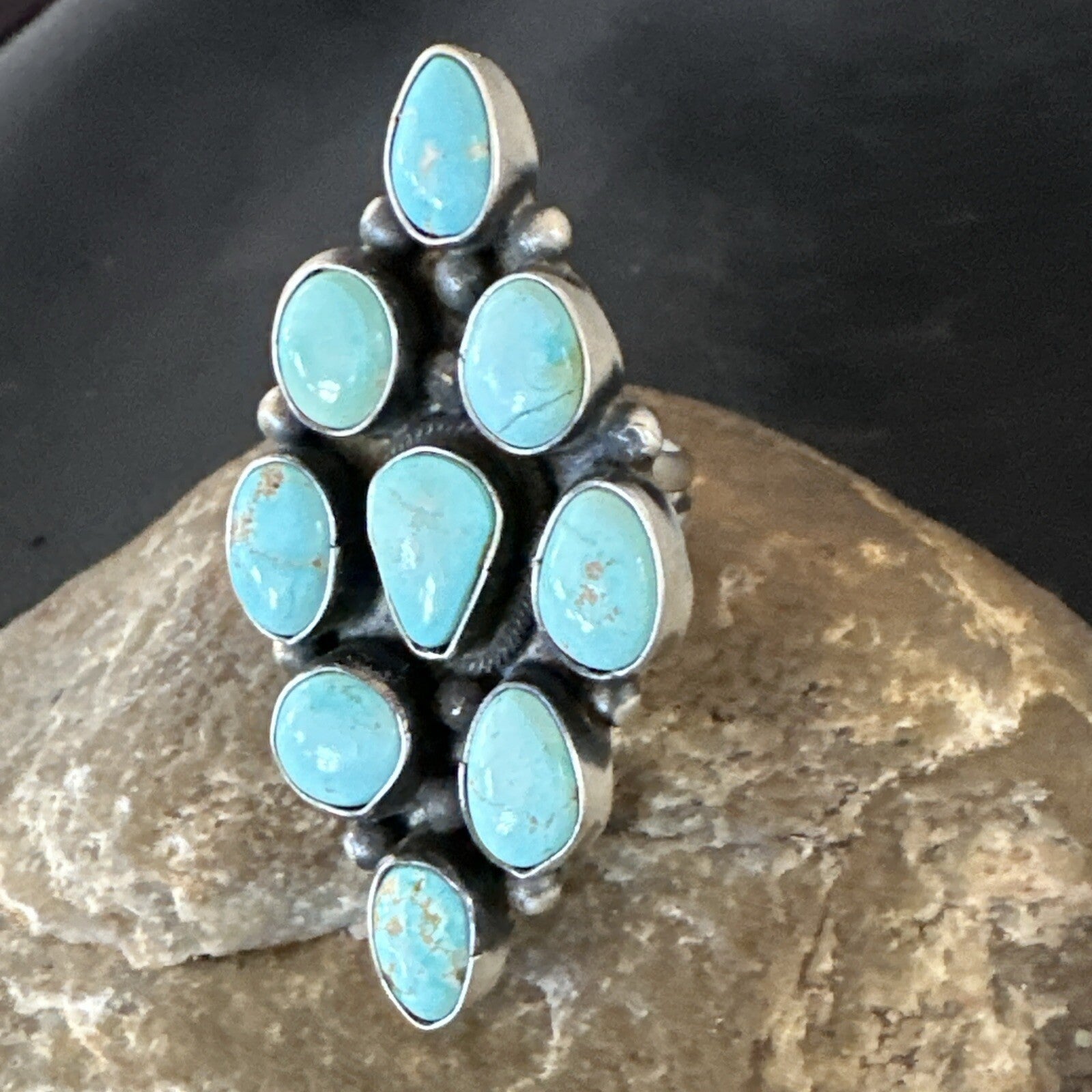 Navajo Sterling Silver Cluster Blue Turquoise 9 Stone Ring Sz 9 18600