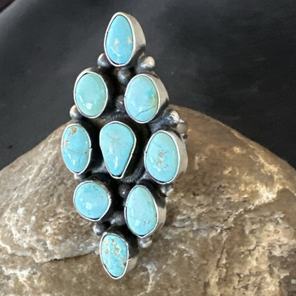Navajo Sterling Silver Cluster Blue Turquoise 9 Stone Ring Sz 9 18600