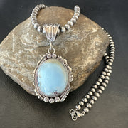Men's Blue Dry Creek Turquoise Pendant Navajo Pearls Necklace | Sterling Silver | Authentic Native American Handmade | 18681