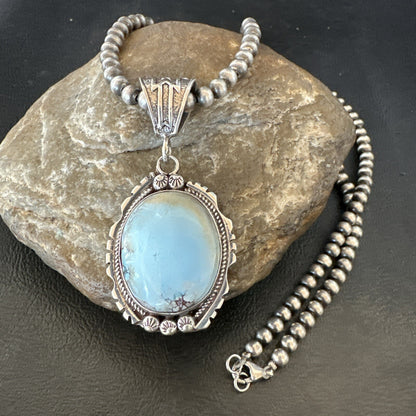 Mens Blue Dry Creek Turquoise Pendant Navajo Pearls Sterling Necklace 18681