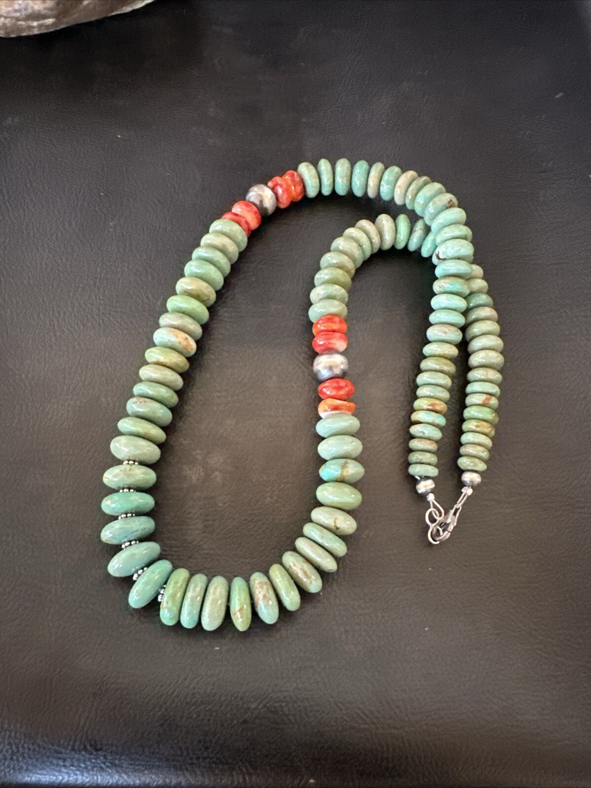Green Turquoise Spiny Oyster Sterling Silver Beads Necklace 18302