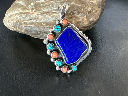 Blue Lapis Cluster Pendant Navajo Sterling Silver Beads Necklace 18754