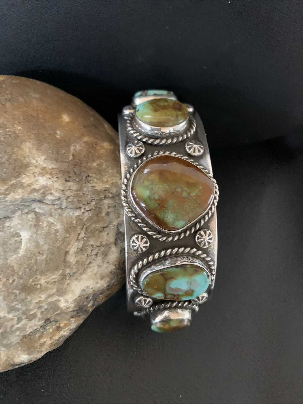 Green Royston Turquoise 5 Stone Navajo Sterling Silver Cuff Bracelet 1380