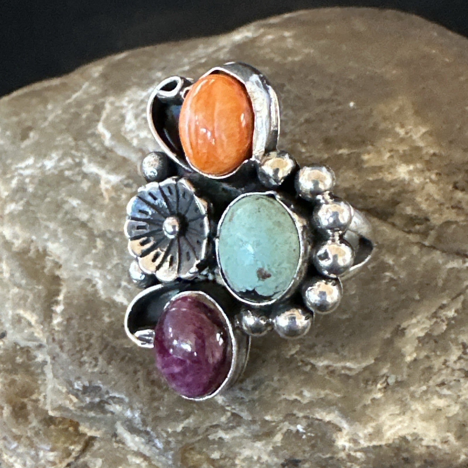 Multicolor Ring Turquoise Spiny Navajo Sterling Silver Cluster Size 8 19183