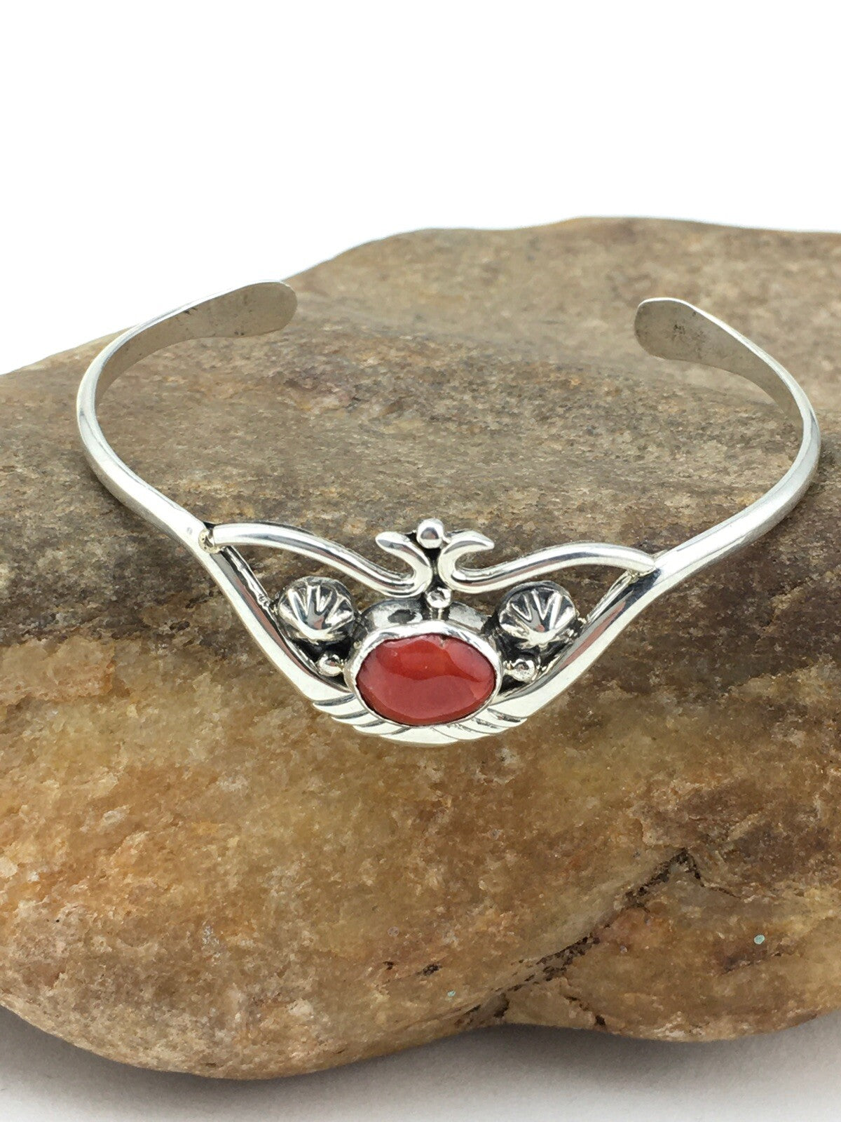 Native American Indian Coral Navajo Sterling Silver Cuff Bracelet 04747