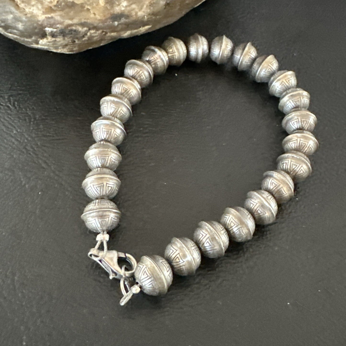 Handmade Stamped Navajo Pearls 8mm Beads 7” Sterling Silver Bracelet 90907