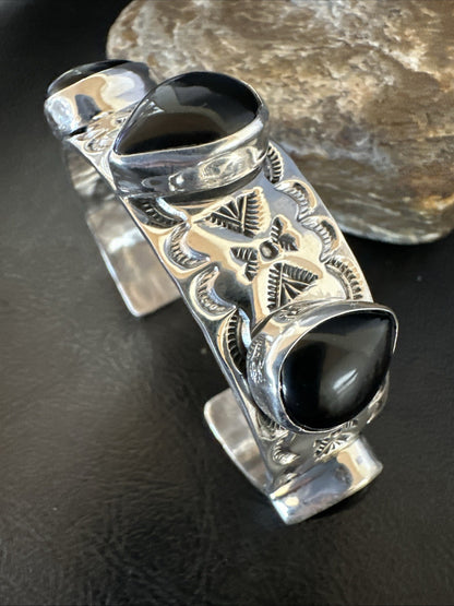 Mens Womens Navajo Sterling Silver Black Onyx Cluster Cuff Bracelet 7.5" 19433