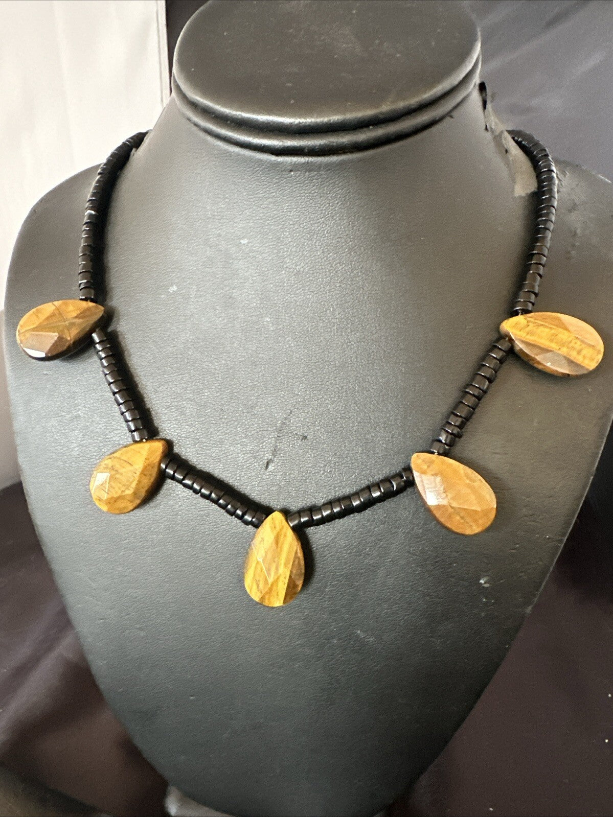 Coffee Brown Tigers Eye Black Onyx Sterling Silver Pendant Necklace 20" 18356