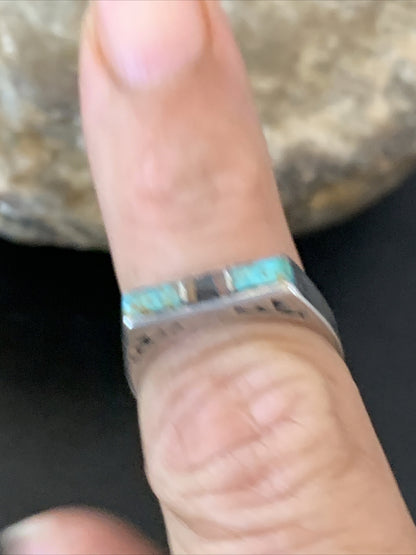 Turquoise & Onyx Navajo Sterling Silver Inlay Ring Size 6 11152