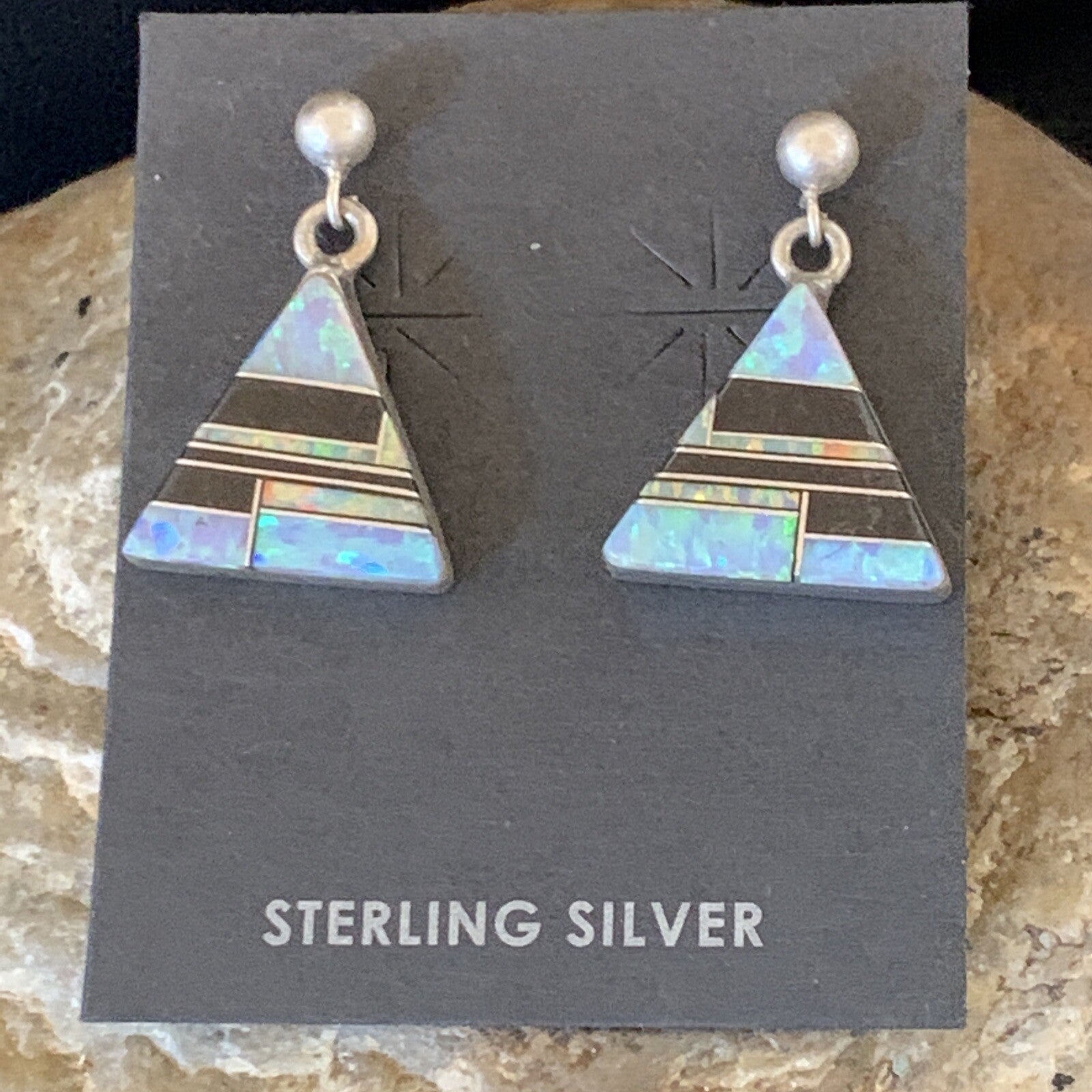 Womens Blue Opal & Black Onyx Inlay Navajo Sterling Silver Earrings 12781