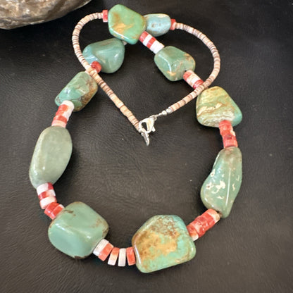 Navajo Green Turquoise Red Spiny Oyster Necklace Sterling 23" 19717