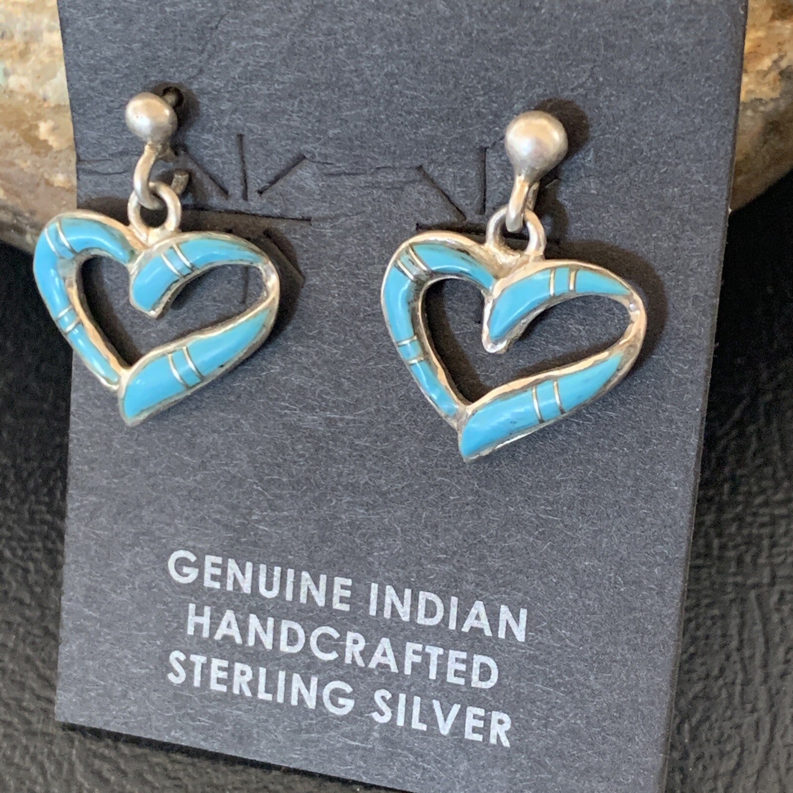 Navajo Blue Turquoise Heart Sterling Silver Dangle Post Earrings 0.5" 12716