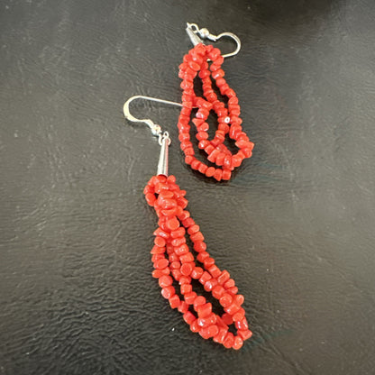 Native Red Real Coral Nugget Sterling Silver Dangle 2 Strand Earrings 2" 19347