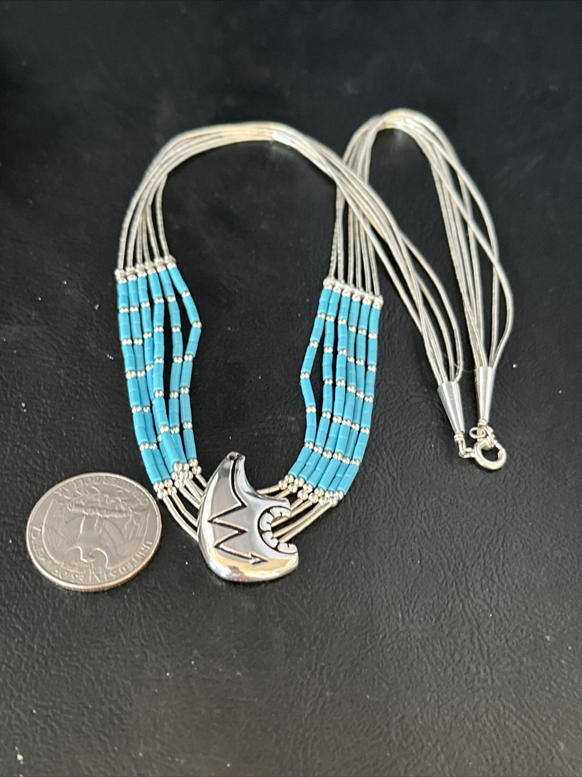 Bear Pendant Turquoise 5 Strand Heishi Liquid Sterling Silver Necklace 14822