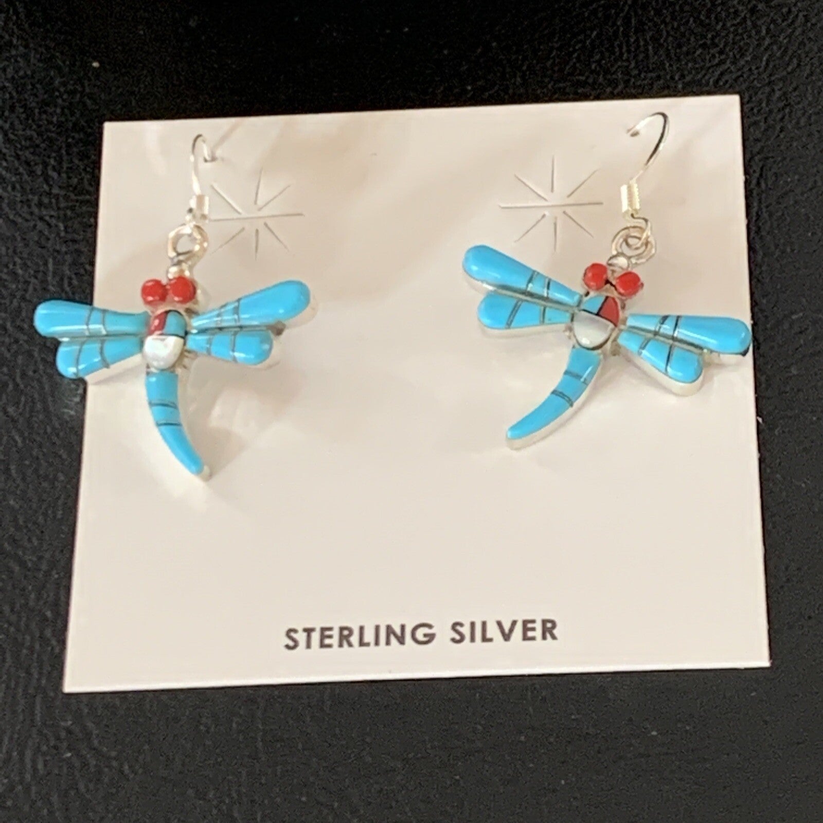 Dragonfly Blue Turquoise Coral MOP Inlay Sterling Silver Earrings 1" 13318