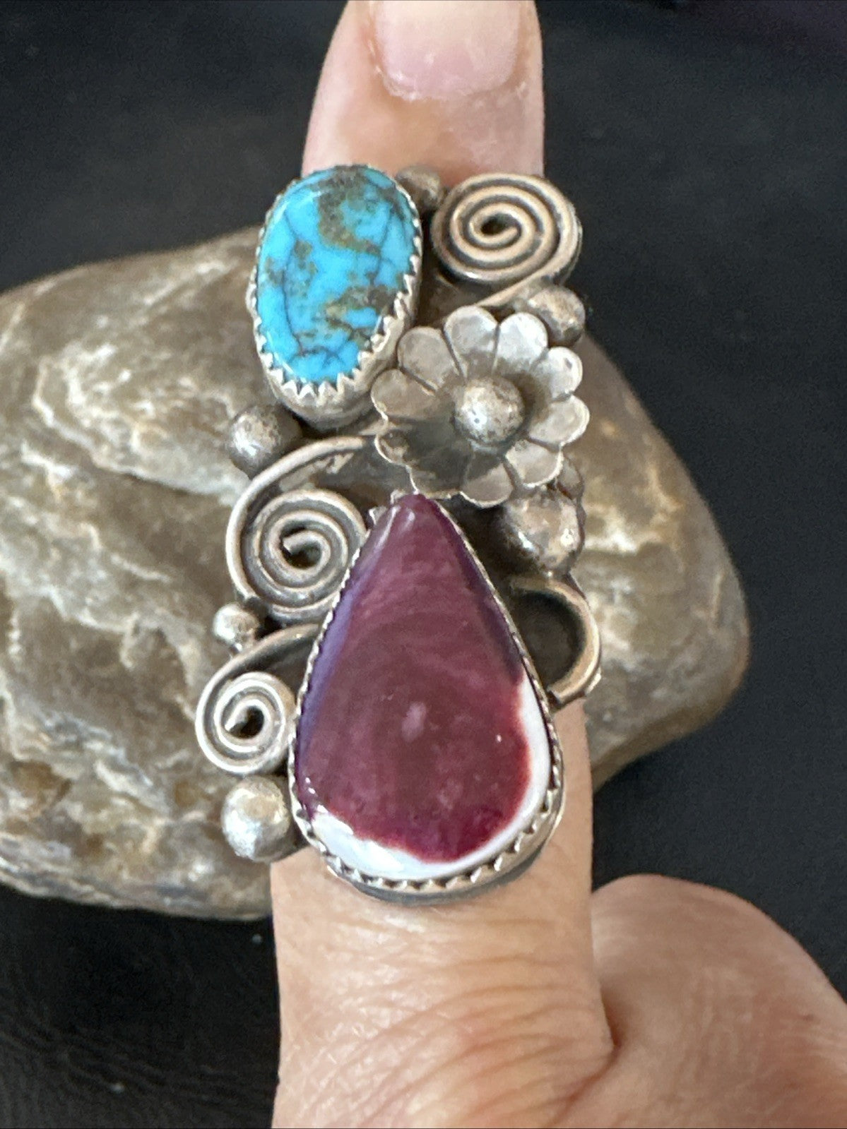 Cluster Kingman Turquoise Purple Spiny Navajo Sterling Silver Ring Sz 5.5 19105