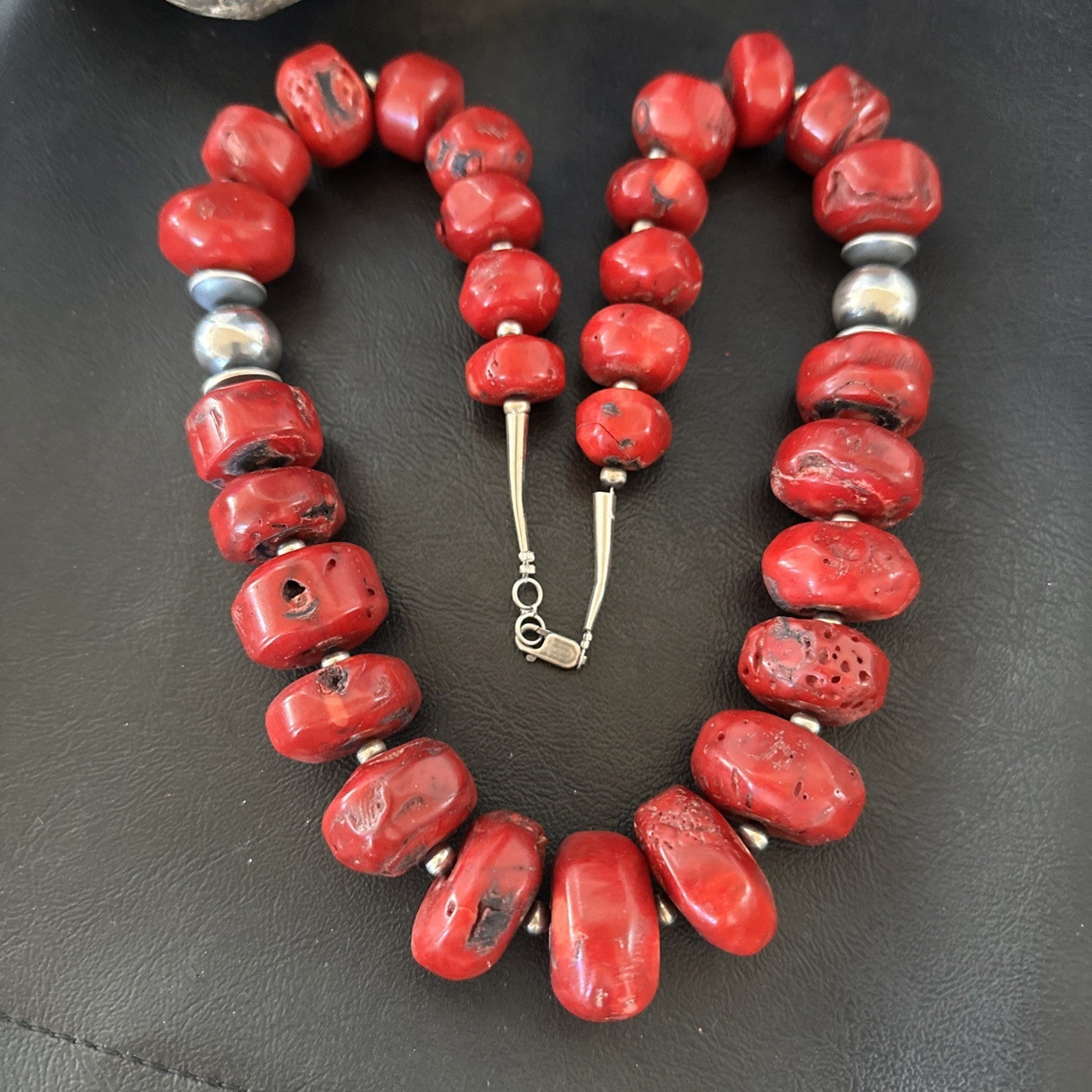 Chunky Navajo Red Bamboo Coral Sterling Silver Bead Necklace 24” Graduated 19532