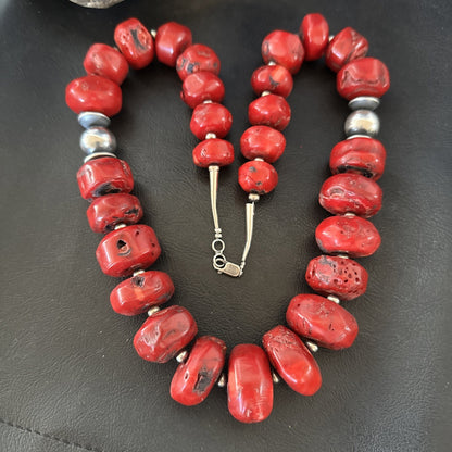 Chunky Navajo Red Bamboo Coral Sterling Silver Bead Necklace 24” Graduated 19532