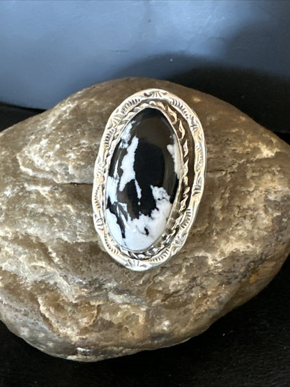 Black White Buffalo Turquoise Navajo Sterling Silver Ring Size 11 19810